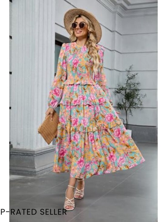 Flowy Boho Maxi Dress with Smocked Bodice and Puff Sleeves for Wedding Guest - Picture 4 of 7